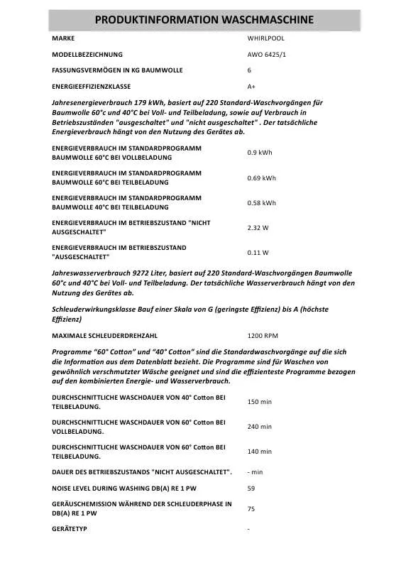 Mode d'emploi WHIRLPOOL AWO 6425/1