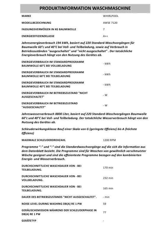 Mode d'emploi WHIRLPOOL AWSE 7120