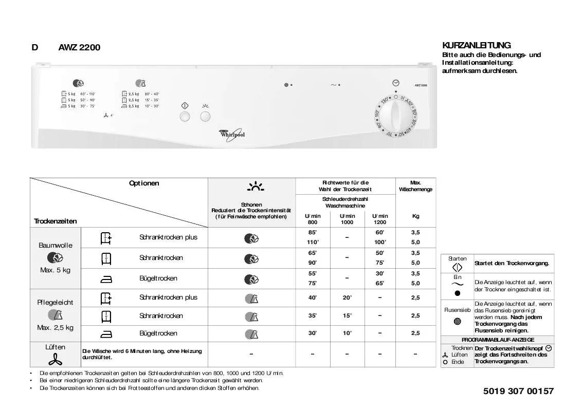 Mode d'emploi WHIRLPOOL AWZ 2200