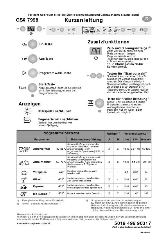 Mode d'emploi WHIRLPOOL GSX 7998