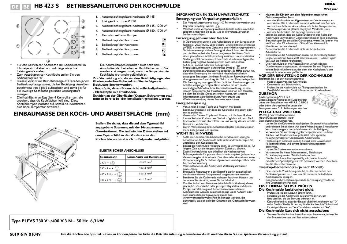 Mode d'emploi WHIRLPOOL HB 423 S