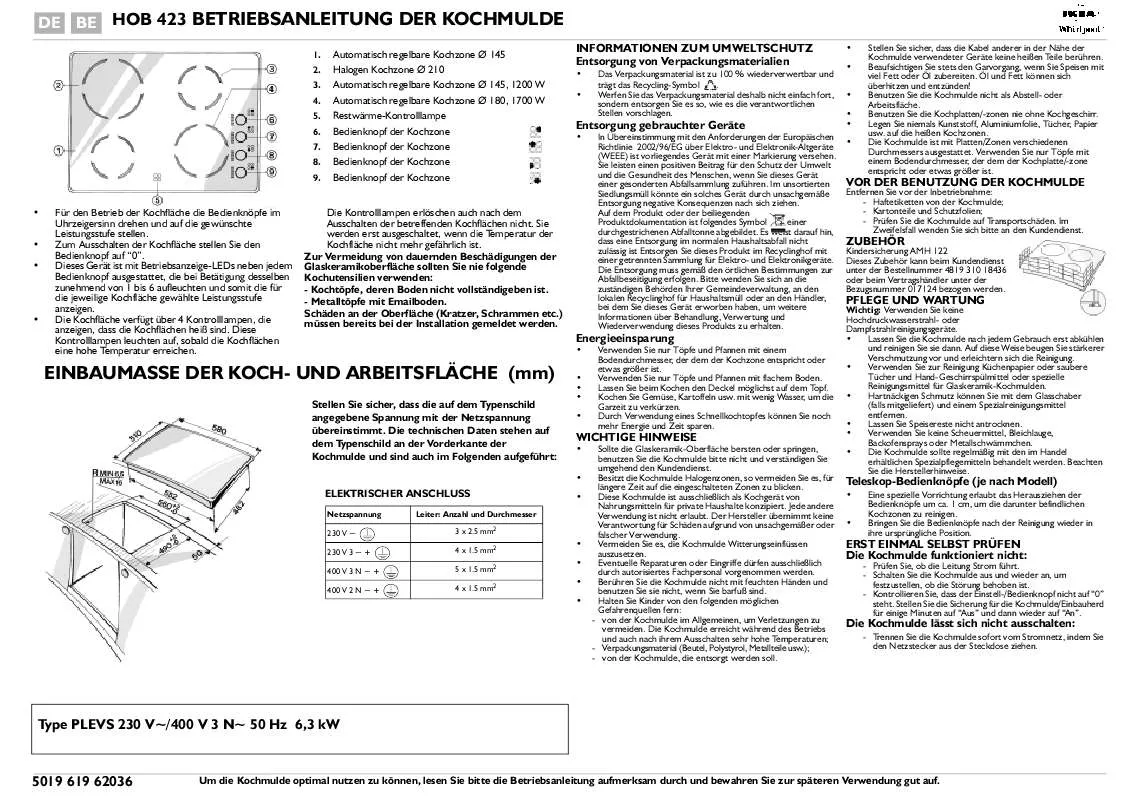 Mode d'emploi WHIRLPOOL HOB 423/S