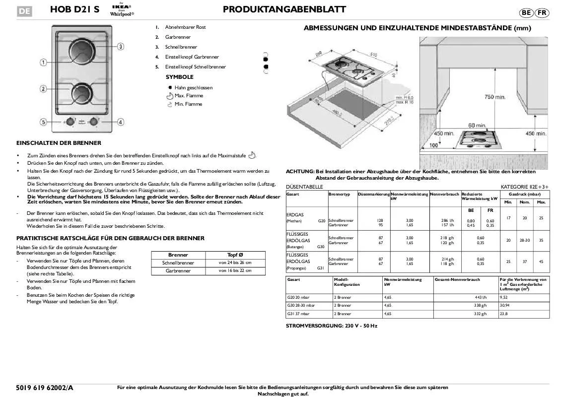 Mode d'emploi WHIRLPOOL HOB D21 S