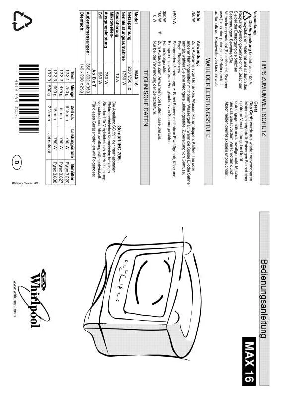 Mode d'emploi WHIRLPOOL MAX 16/2/BL