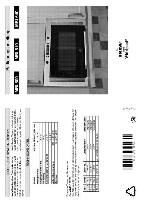 Mode d'emploi WHIRLPOOL MBI 610 S