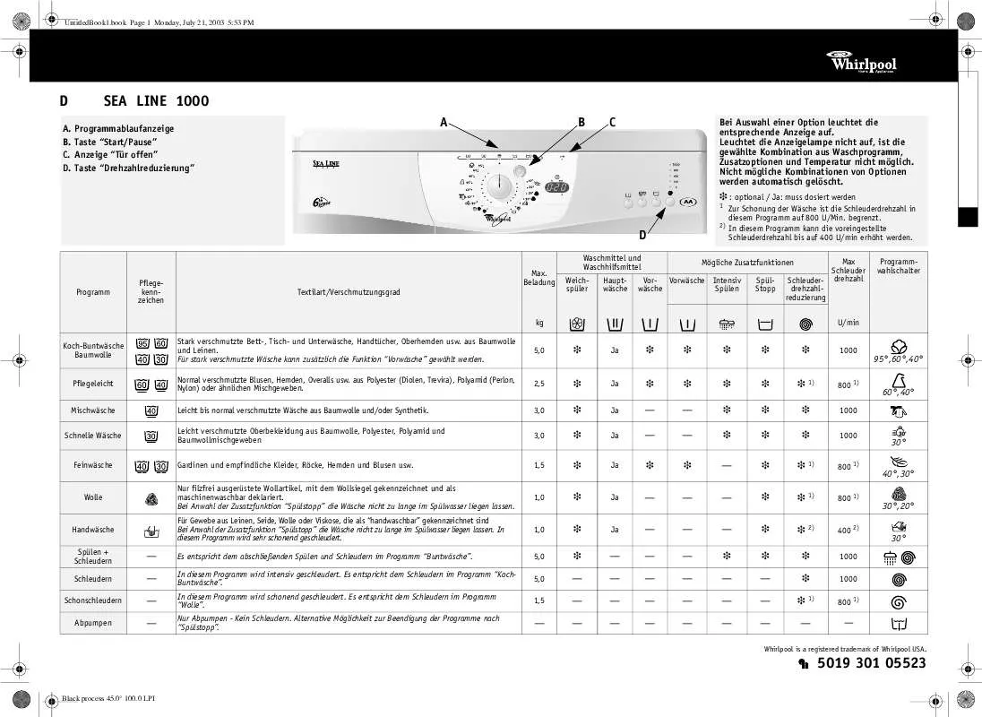 Mode d'emploi WHIRLPOOL SEA LINE 1000