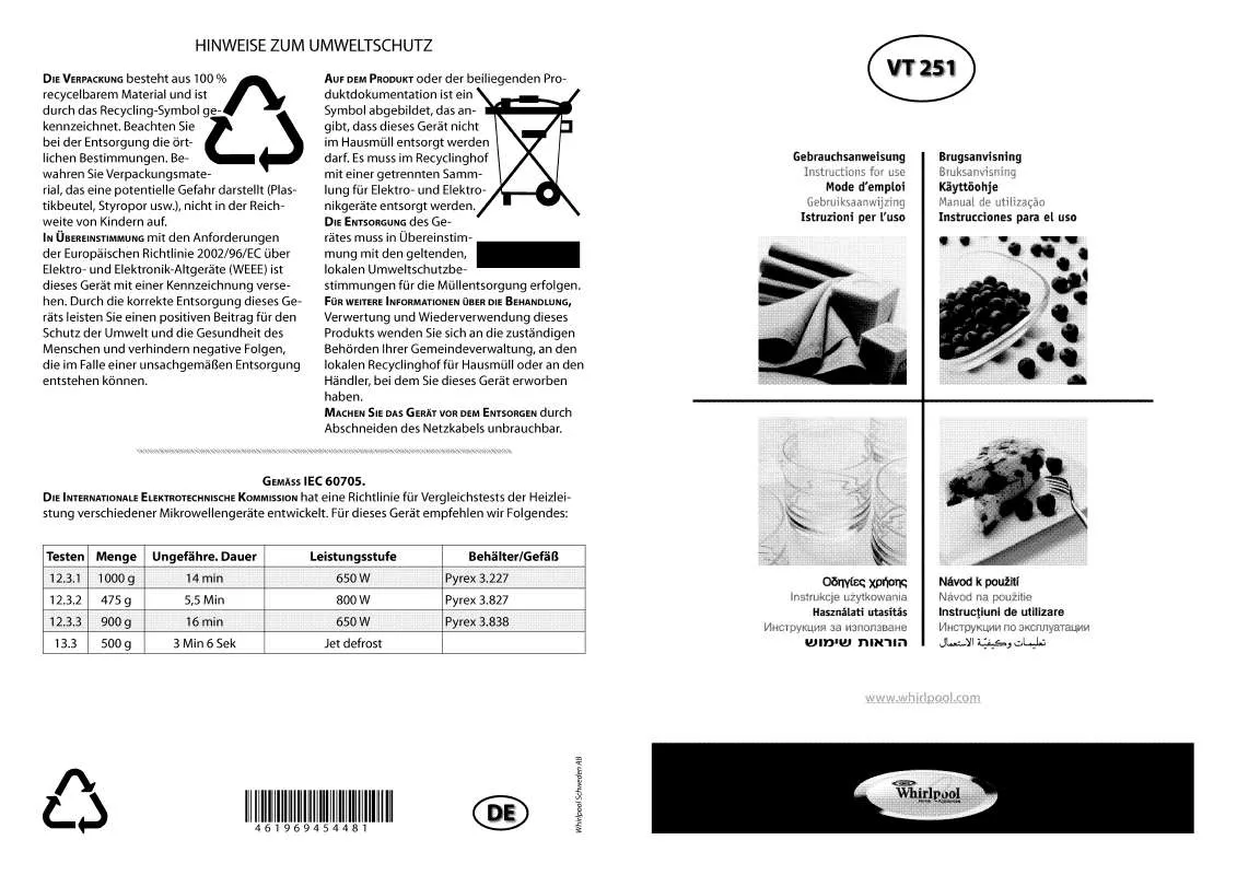 Mode d'emploi WHIRLPOOL VT 251 / WH