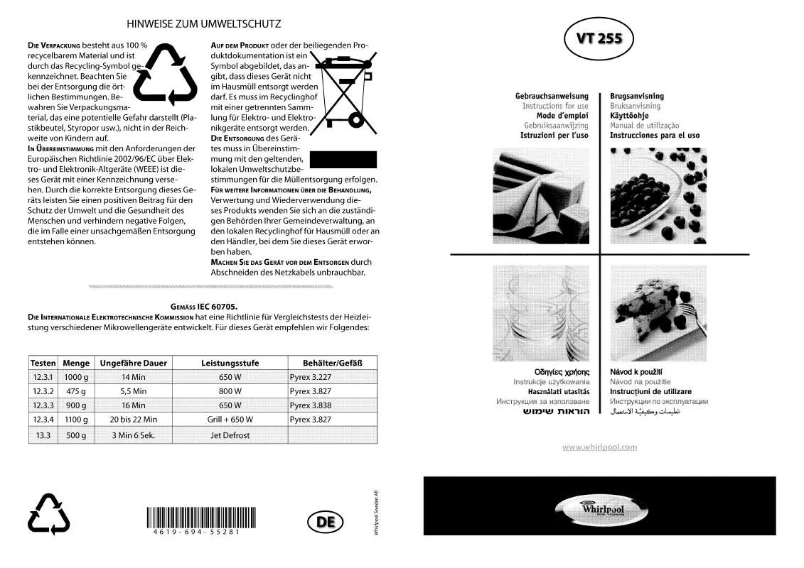 Mode d'emploi WHIRLPOOL VT 255 / BL